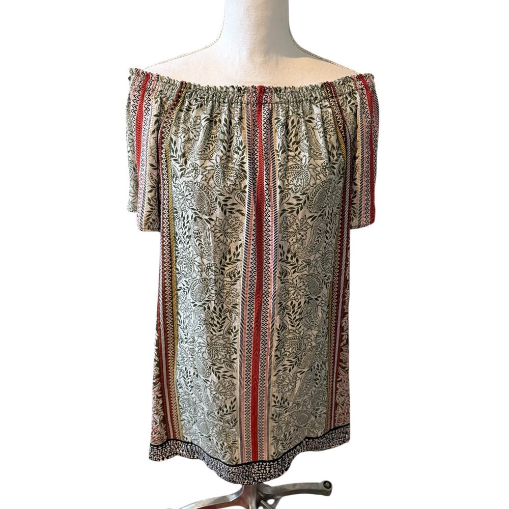 DR2 Daniel Rainn Off the Shoulder Pull On Dress Olive Green Print M